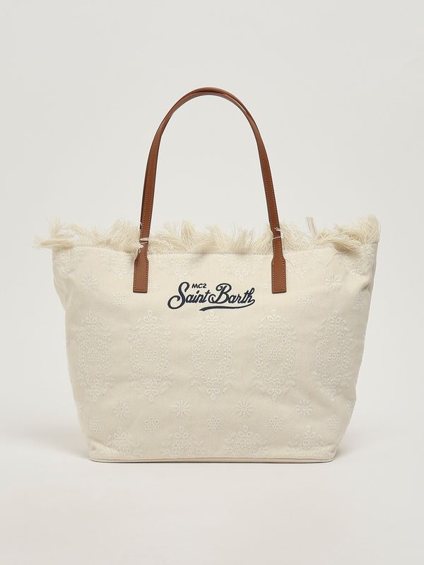 1. Borsa donna The City Bag Fringe in canvas di cotone Sangallo 10 Emb MC2 Saint Barth cbf0001