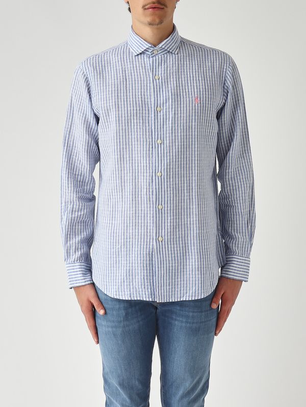 Chemise homme en seersucker de coton et lin mélangés Céleste-Blanc Polo Ralph Lauren