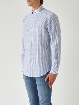 3. Camisa de hombre de mezcla de algodón y lino seersucker. Celeste-Blanco