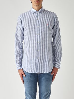 1. Camisa de hombre de mezcla de algodón y lino seersucker. Celeste-Blanco
