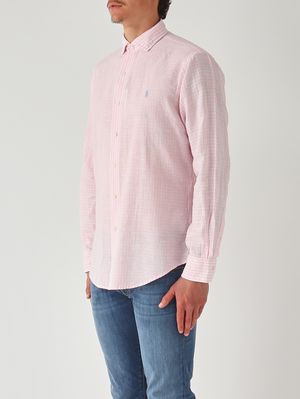 3. Men's seersucker cotton and linen blend shirt Pink-White