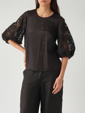 5. Blusa donna Ordine in in garza ramié e Sangallo Nero