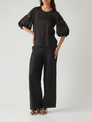 2. Blusa donna Ordine in in garza ramié e Sangallo Nero